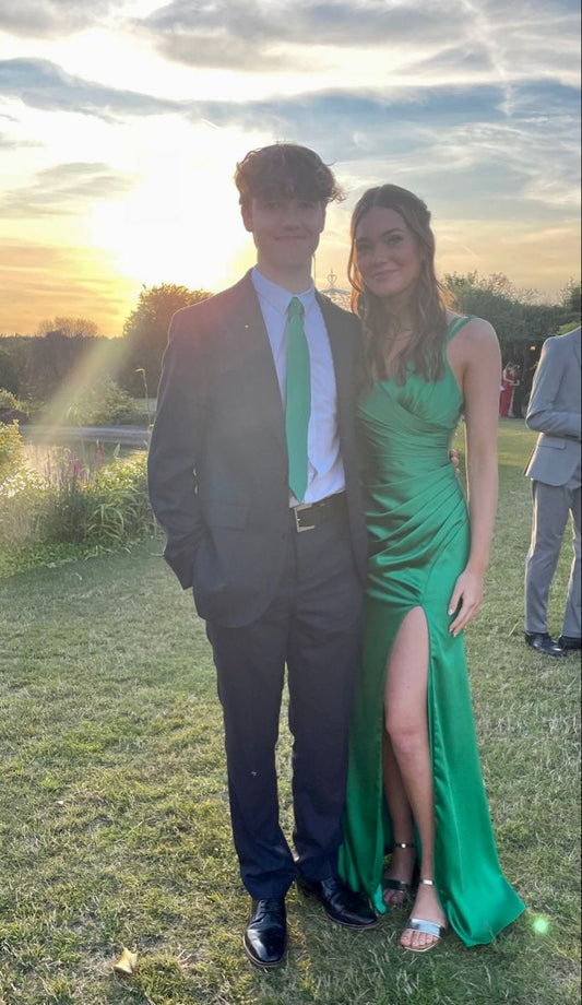 Green Mermaid Spaghetti Straps Pleated Satin Slit Long Prom Dress,Party Dress,Formal Evening Dress GG4470