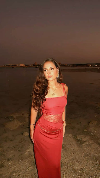 Sexy Mermaid Spaghetti Straps Red Satin Lace Long Prom Dress,Party Dress,Formal Evening Dress GG4476