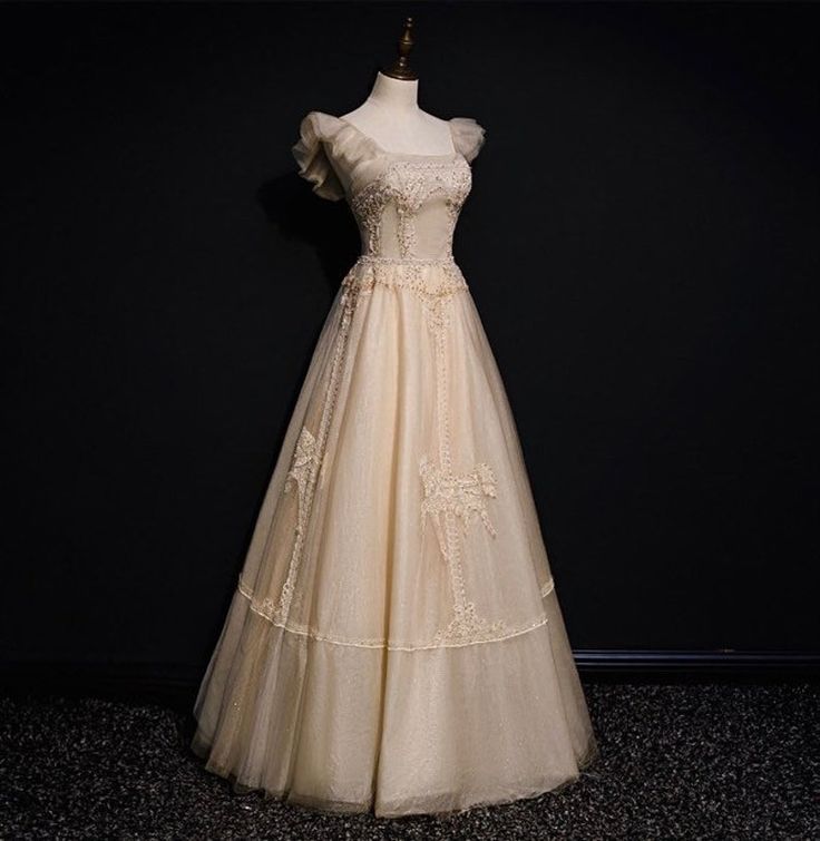 Gorgeous  A Line Square Applique Champagne Tulle Long Prom Dress, Evening Dress GG448