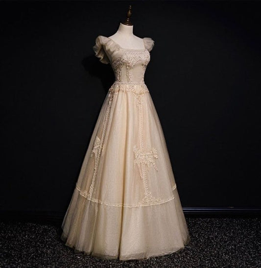 Gorgeous  A Line Square Applique Champagne Tulle Long Prom Dress, Evening Dress GG448