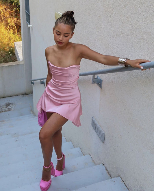 Classy A line Strapless Satin Short Homecoming Dress,Summer 20th Birthday Dress GG4481