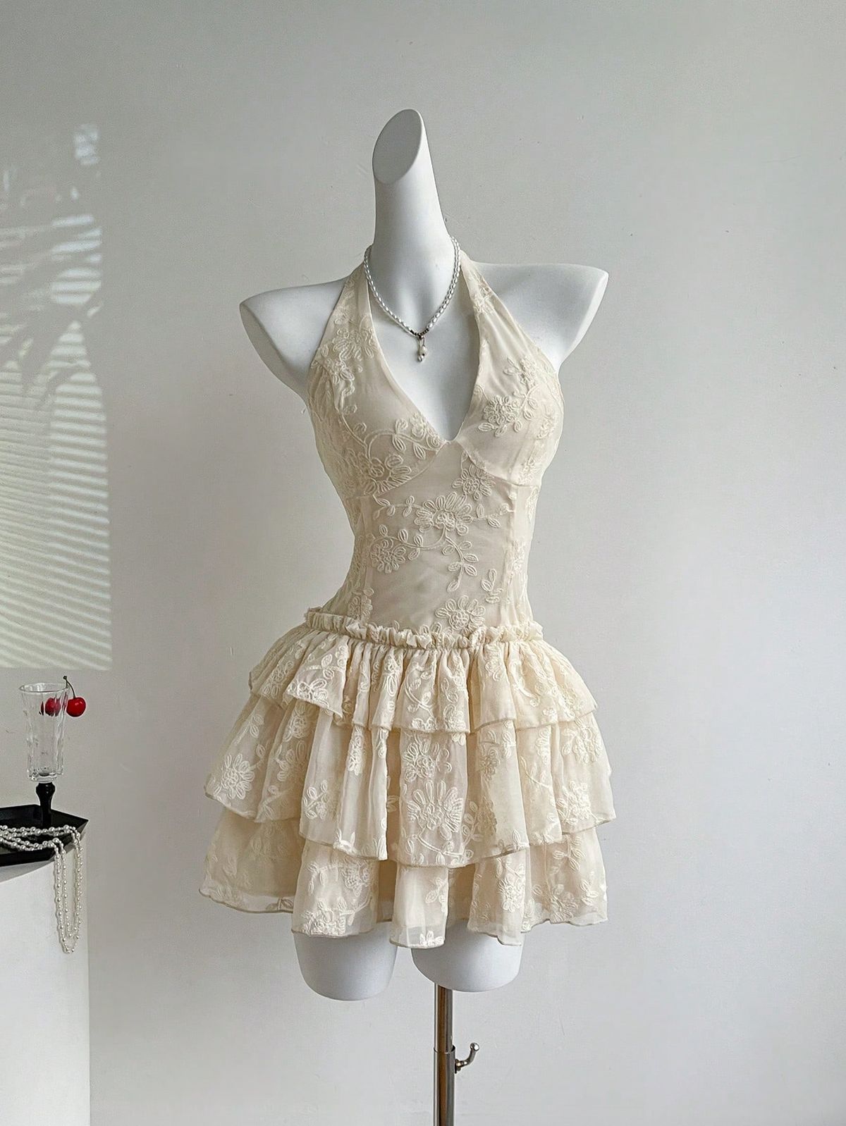 Pretty A Line Halter Neck Lace Tiered Short Homecoming Dress,Summer 17th Birthday Dress GG4485