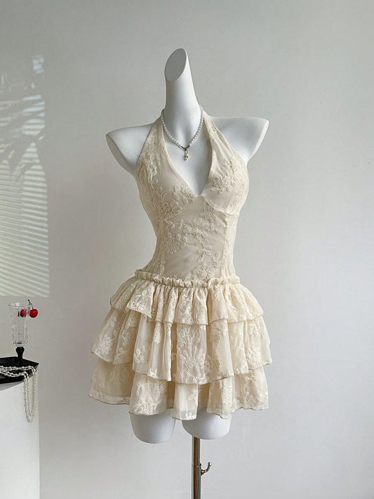 Pretty A Line Halter Neck Lace Tiered Short Homecoming Dress,Summer 17th Birthday Dress GG4485