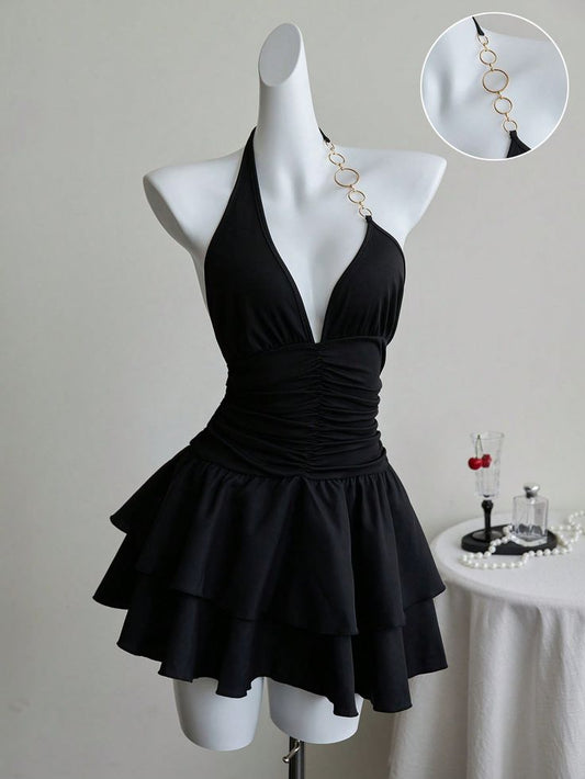 Sexy Black A Line Halter Neck Satin Short Homecoming Dress,Summer 19th Birthday Dress GG4487