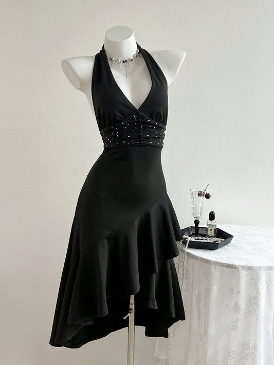Chic Black A Line Halter Neck Satin Beads With Ruffles Hem Short Homecoming Dress,Summer 19th Birthday Dress GG4488