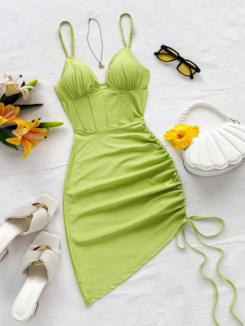 Charming Mermaid Spaghetti Straps Satin Pleated Drawstring Short Homecoming Dress,Summer 20th Birthday Dress GG4490