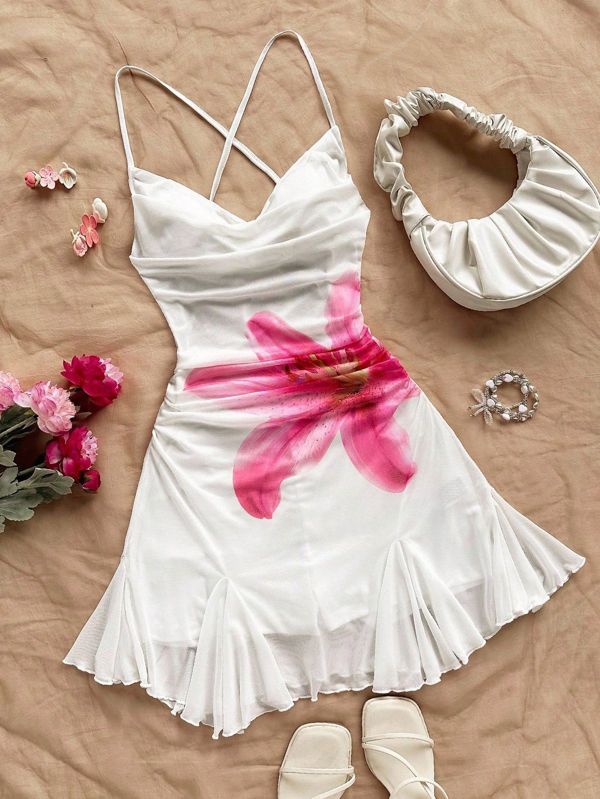 Pretty A Line Spaghetti Straps Chiffon Printed Flower Short Homecoming Dress,Summer 20th Birthday Dress GG4491