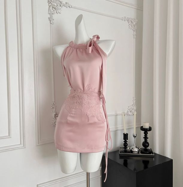 A Line Sheath Halter Satin Lace Short Homecoming Dress,Summer 18th Birthday Dress GG4493