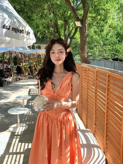 Pastel Orange A Line V Neck Satin Long Prom Dress,Party Dress,Formal Evening Dress GG4504