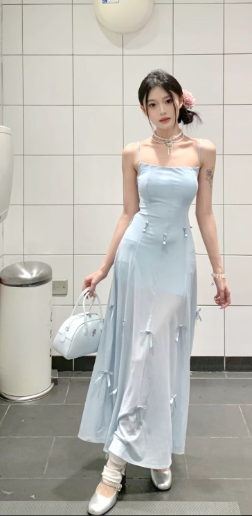 Pale Blue A Line Spaghetti Straps Satin Chiffon With Bow Long Prom Dress,Party Dress,Formal Evening Dress GG4509