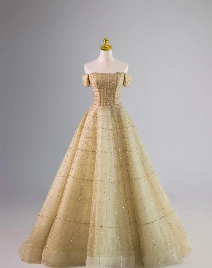 Gorgeous  A Line Off The Shoulder  Beaded Golden Tulle Long Prom Dress, Evening Dress GG451