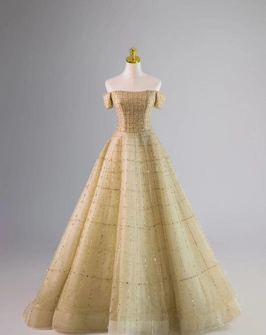 Gorgeous  A Line Off The Shoulder  Beaded Golden Tulle Long Prom Dress, Evening Dress GG451