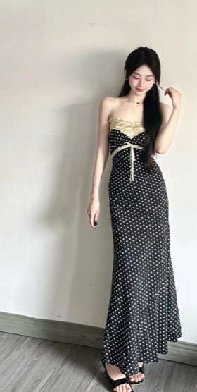 Unique Mermaid Spaghetti Straps Satin Printed Polka Dots Long Prom Dress,Party Dress,Formal Evening Dress GG4510
