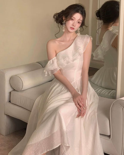 Princess A Line One Shoulder Ruffles Satin Long Prom Dress,Party Dress,Formal Evening Dress GG4516