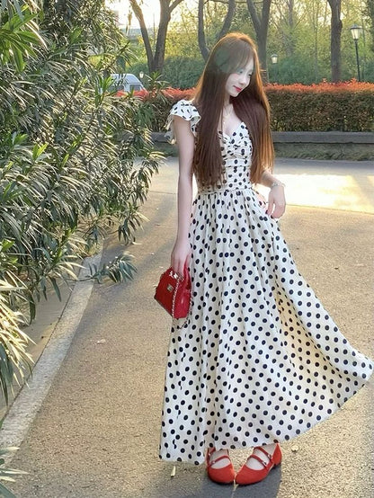 Printess A Line V Neck Polka Dots Satin Long Prom Dress,Party Dress,Formal Evening Dress GG4519