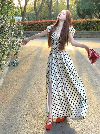 Printess A Line V Neck Polka Dots Satin Long Prom Dress,Party Dress,Formal Evening Dress GG4519