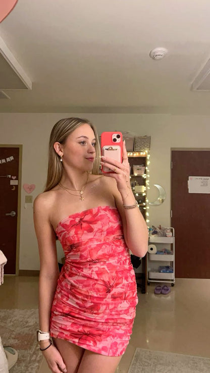 Chic Mermaid Strapless Printed Floral Satin Short Homecoming Dress,Summer 21th Birthday Dress GG4536