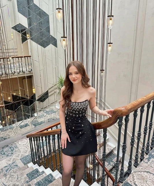 Gorgeous A Line Strapless Satin Beads Satin Short Homecoming Dress,Summer 18th Birthday Dress GG4538