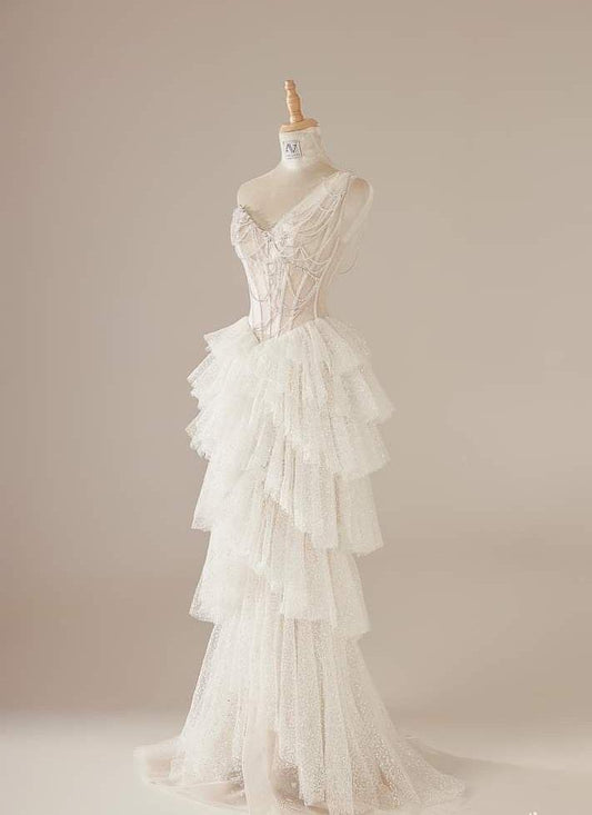 Elegant A Line One Shoulder White Beaded Layered Tulle Long Prom Dress, Evening Dress GG454