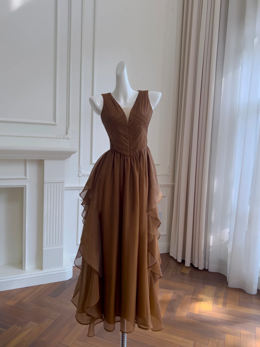 Simple A Line V Neck Brown Chiffon Ruffles Long Prom Dress,Party Dress,Formal Evening Dress GG4544