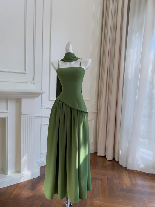Classy A Line Spaghetti Straps Green Satin Long Prom Dress,Party Dress,Formal Evening Dress GG4547