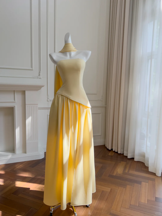 Pastel Yellow A Line Strapless Satin Long Prom Dress,Party Dress,Formal Evening Dress GG4548