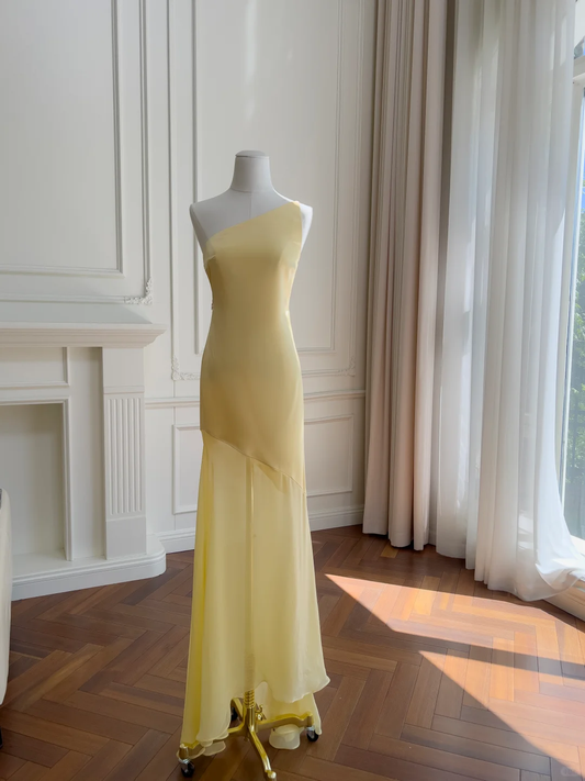 Pastel Yellow Mermaid One Shoulder Satin Chiffon Long Prom Dress,Party Dress,Formal Evening Dress GG4549