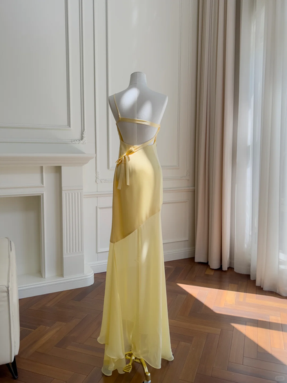 Pastel Yellow Mermaid One Shoulder Satin Chiffon Long Prom Dress,Party Dress,Formal Evening Dress GG4549