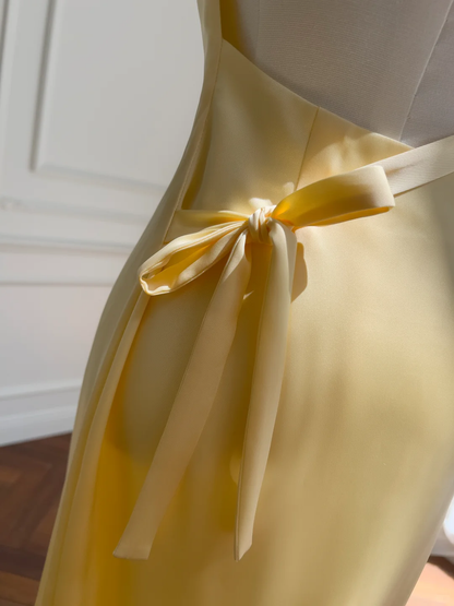 Pastel Yellow Mermaid One Shoulder Satin Chiffon Long Prom Dress,Party Dress,Formal Evening Dress GG4549