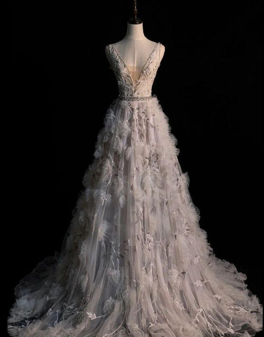 Gorgeous A Line V Neck Beaded Tulle Long Prom Dress, Evening Dress GG455