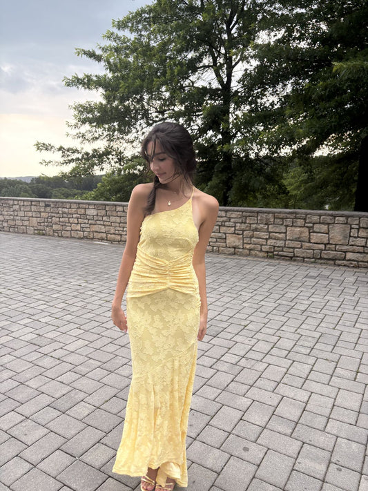 Modest Mermaid One Shoulder Pastel Yellow Lace Long Prom Dress,Party Dress,Formal Evening Dress GG4552