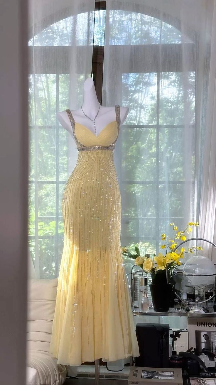 Sparkles Mermaid Sweetheart Pastel Yellow Satin Beads Long Prom Dress,Party Dress,Formal Evening Dress GG4554