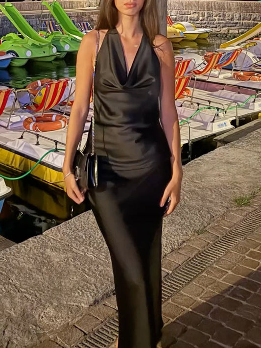 Elegant Mermaid Halter Black Satin Long Prom Dress,Party Dress,Formal Evening Dress GG4556