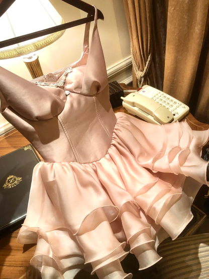 Sweet 16th Ball Gown Spaghetti Straps Tiered Satin Beads Short Homecoming Dress,Summer Birthday Dress GG4569