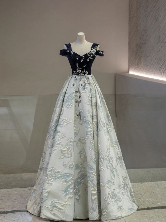 Gorgeous A Line Off The Shoulder Satin Printed Pattern Long Prom Dress, Evening Dress GG457