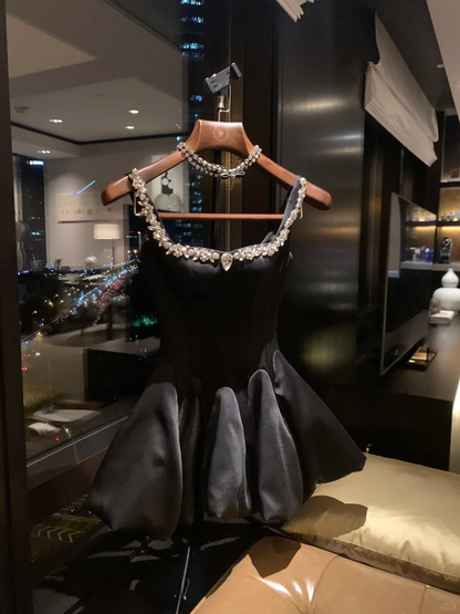 Sweet 16th Black A Line Square Satin Beads Short Homecoming Dress,Summer Birthday Dress GG4570