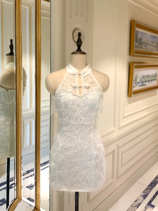 Gorgeous Mermaid White Halter Lace Short Homecoming Dress,Summer 18th Birthday Dress GG4574