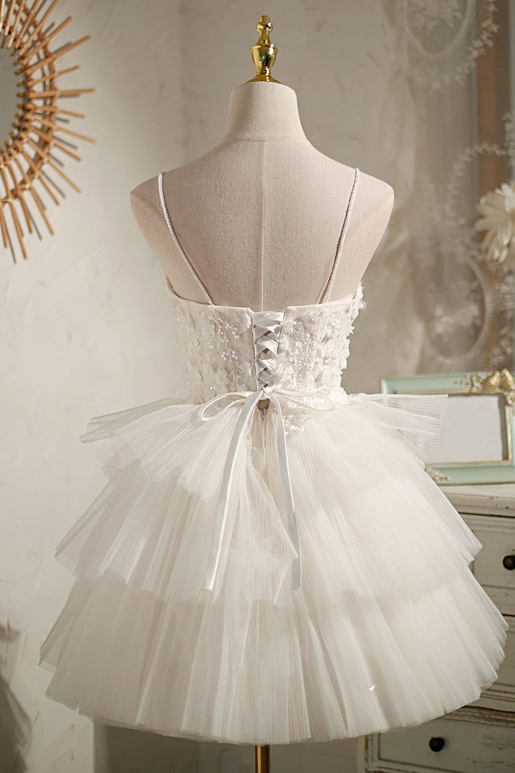 Cute A Line Spaghetti Straps White Tulle Tiered Short Homecoming Dress,Summer 17th Birthday Dress GG4579
