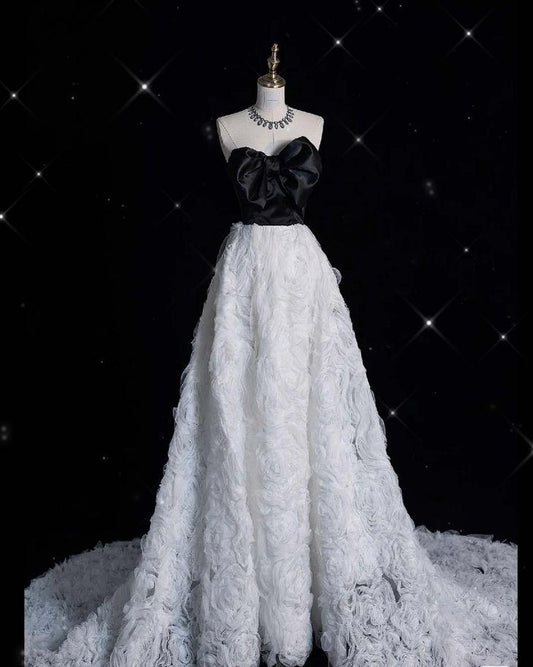 Chic A Line Strapless Bow Tulle Long Prom Dress, Evening Dress GG458