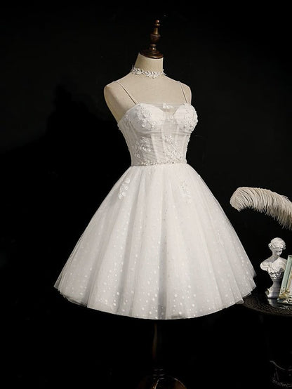 Lovely A Line Spaghetti Straps White Tulle Applique Beads Short Homecoming Dress,Summer 18th Birthday Dress GG4581