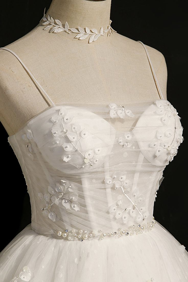 Lovely A Line Spaghetti Straps White Tulle Applique Beads Short Homecoming Dress,Summer 18th Birthday Dress GG4581