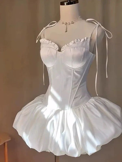 Sweet 16th White Ball Gown Spaghetti Straps Satin Short Homecoming Dress,Vacation Dress,Summer Birthday Dress GG4601