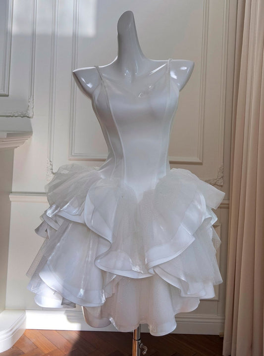 Pretty 16th White Ball Gown Spaghetti Straps Satin Tulle Ruffle Short Homecoming Dress,Vacation Dress,Summer Birthday Dress GG4602