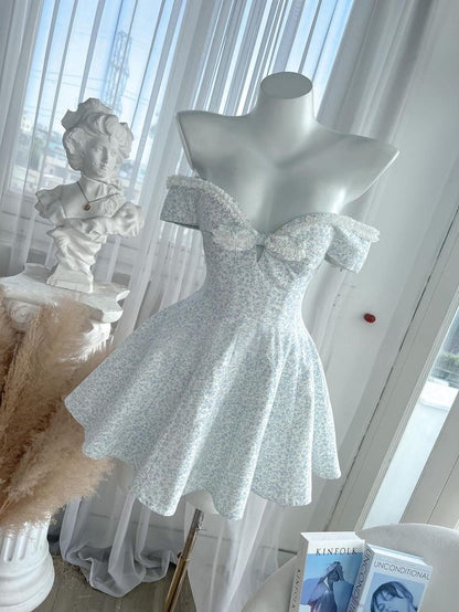 Chic A Line Off The Shoulder Printed Floral Satin Short Homecoming Dress,Vacation Dress,Summer 18th Birthday Dress GG4604