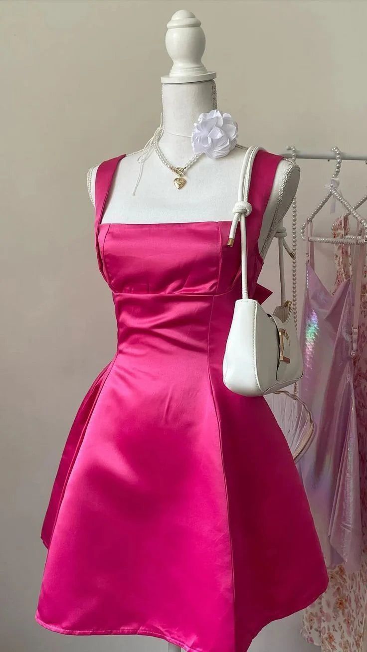 Vibrant A Line Square Hot Pink Satin Short Homecoming Dress,Vacation Dress,Summer 18th Birthday Dress GG4606