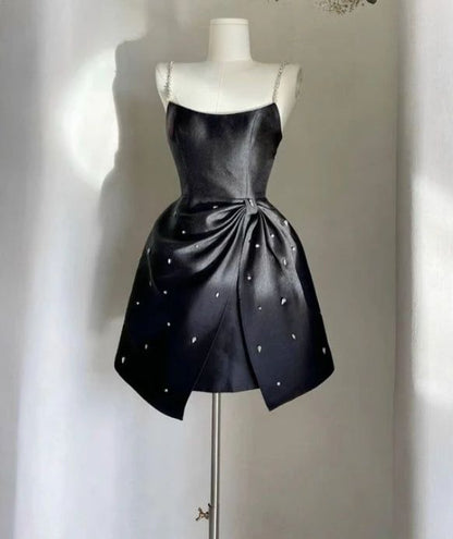 Pretty A Line Beads Straps Black Satin Short Homecoming Dress,Vacation Dress,Summer 19th Birthday Dress GG4607