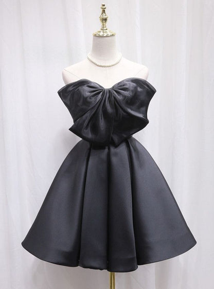 Cute A Line Strapless Black Satin With Bow Short Homecoming Dress,Vacation Dress,Summer 17th Birthday Dress GG4608