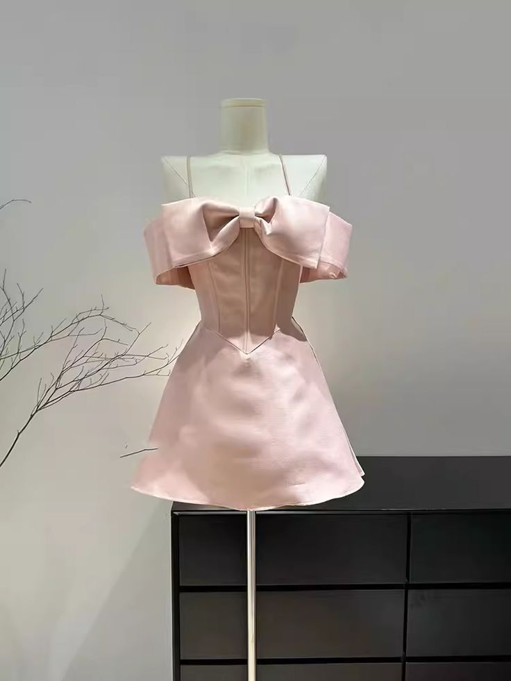 Cute A Line Off Yhe Shoulder Pink Satin With Bow Short Homecoming Dress,Vacation Dress,Summer 17th Birthday Dress GG4609
