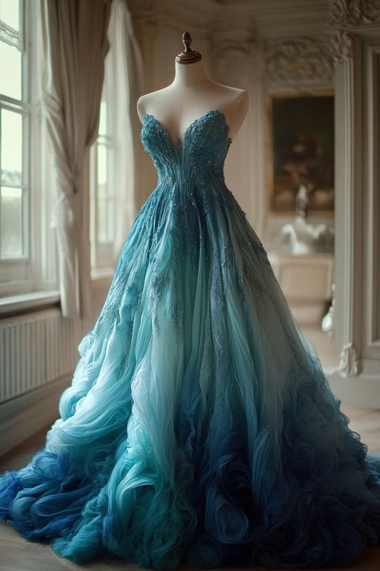 Chic A Line Sweetheart Turquoise Gradient Beading Tulle Long Prom Dress, Evening Dress GG461