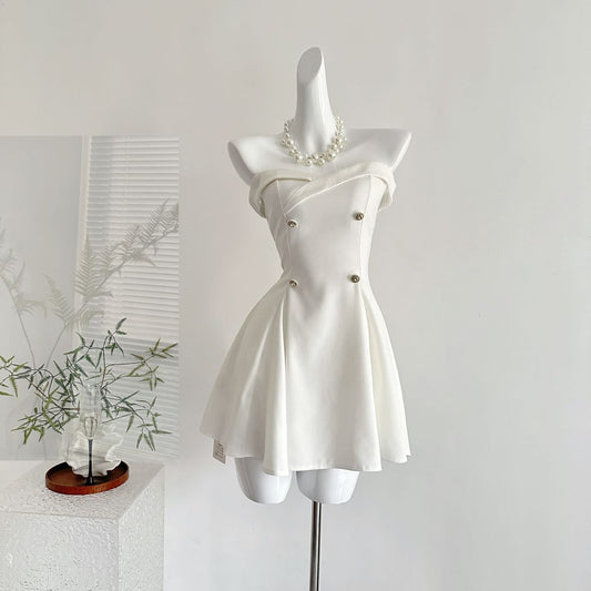 Modest A Line Strapless Satin Short Homecoming Dress,Vacation Dress,Summer 20th Birthday Dress GG4611